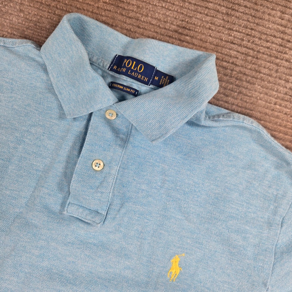 Polo Ralph Lauren Mens M Light Blue Custom Slim Fit Heathered Polo Shirt